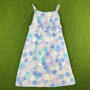 Vintage Girls Purple Floral Square Neck Spaghetti Strap Ruffle Bow Dress Sz 7/8